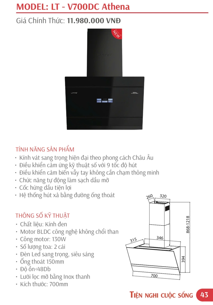 Máy Hút Mùi LT - V700DC Athena được trang bị dải đèn LED siêu sáng
